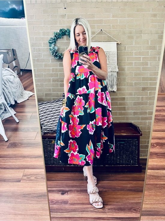Umgee Dresses & Skirts - Umgee Black Midi Dress with Hot Pink Floral Print